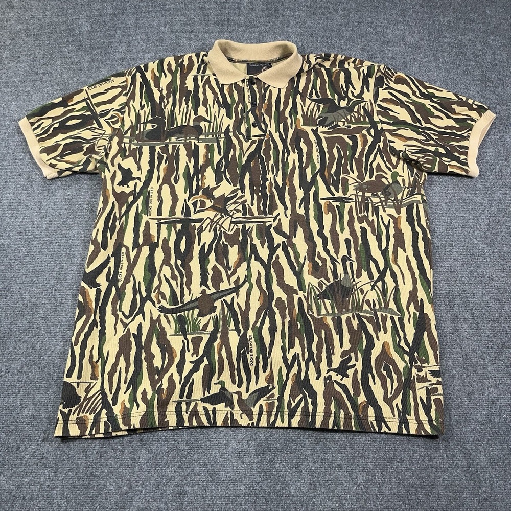 VTG Rattlers Brand Ducks Unlimited Camo Polo Shirt Men XXL Made in USA GorpCore